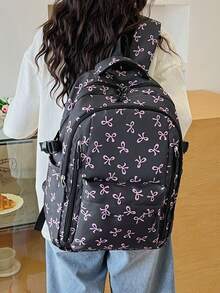 3件組尼龍蝴蝶結印花背包套裝，可折疊多口袋大容量拉鍊背包，適合青少年、高中生與大學生，女性日常使用、通勤、旅行，情人節禮物 - 黑色 - 查看 11