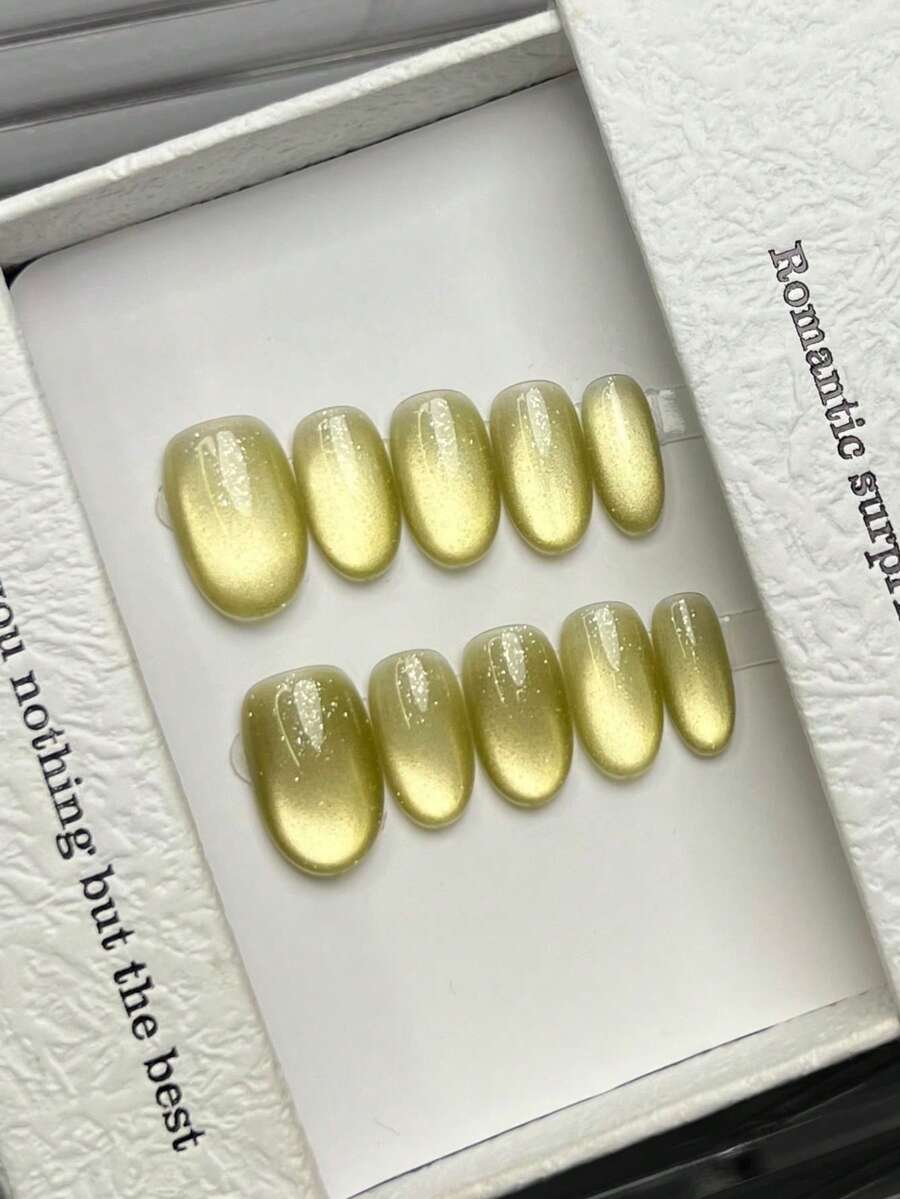 10片手工橢圓形壓克力穿戴甲，短款萊姆綠漸層貓眼極簡風，夏季DIY假指甲，適合派對、日常、約會、辦公室、度假，適用於女性與女孩，美甲禮品用品 - 青檸色 - 查看 1