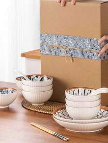 2 Bowls 2 Chopsticks 1 Plate/4 Bowls 4 Chopsticks 4 Spoons 2 Plates Ceramic Bowl And Plate Set, Suitable For Serving Homemade Dishes, Soy Sauce, BBQ, Hot Pot, Pickles, Snacks, Vinegar, Desserts, Ice Cream, Sushi, Etc., Ideal For Home, Restaurant, Hotel, BBQ, Holiday Gifts, Kitchen Supplies - Multicolor - View 8