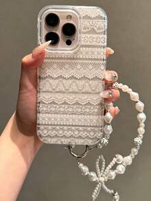 時尚美學白色蕾絲珍珠蝴蝶結掛繩透明手機殼 適用於 iPhone 17 16 Pro Max 12 13 14 15 Pro Max 14 15 16 Plus 17 11 Y2K 奢華亮片閃耀防震軟殼 女孩禮物 - 無色 - 查看 1