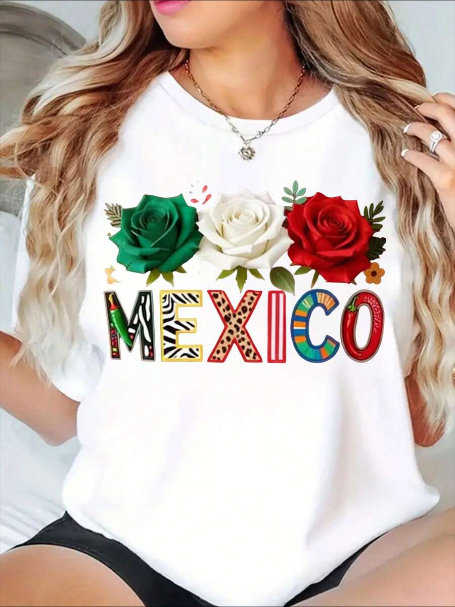Mexico Rose Flag Design Graphic Tee For Women Casual Summer Top With Floral Pattern And National Colors, It Is A Perfect T-Shirt To Give To Friends And Family On Any Holiday Or Festive Occasion, 220g - 白色 - 查看 1