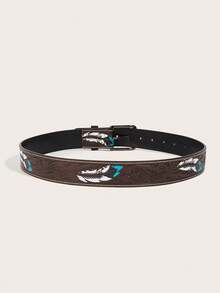 1 pieza Cinturón marrón con hebilla cuadrada vintage grabada, adecuado para el estilo vaquero occidental - Multicolor - Ver 3