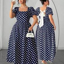 dahkjdgajy  Vestido de manga corta con cuello de mariposa con lazo y estampado de lunares elegante y vintage para mujer de talla grande, primavera/verano - Azul marino - Ver 1