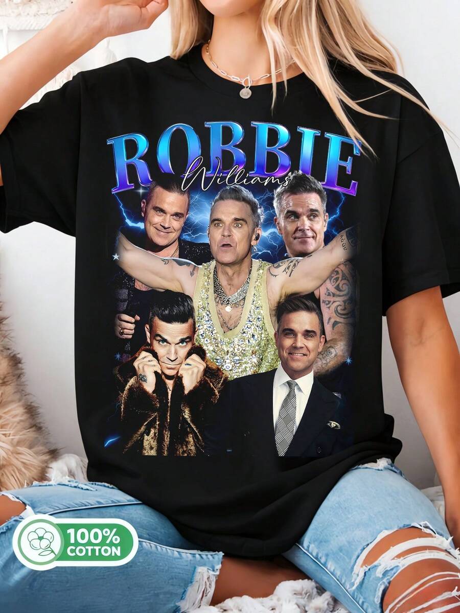 Unisex Cotton T-Shirt With Retro Robbies Williams Graphic, Ideal For Pop Music Fans. - Black - View 1