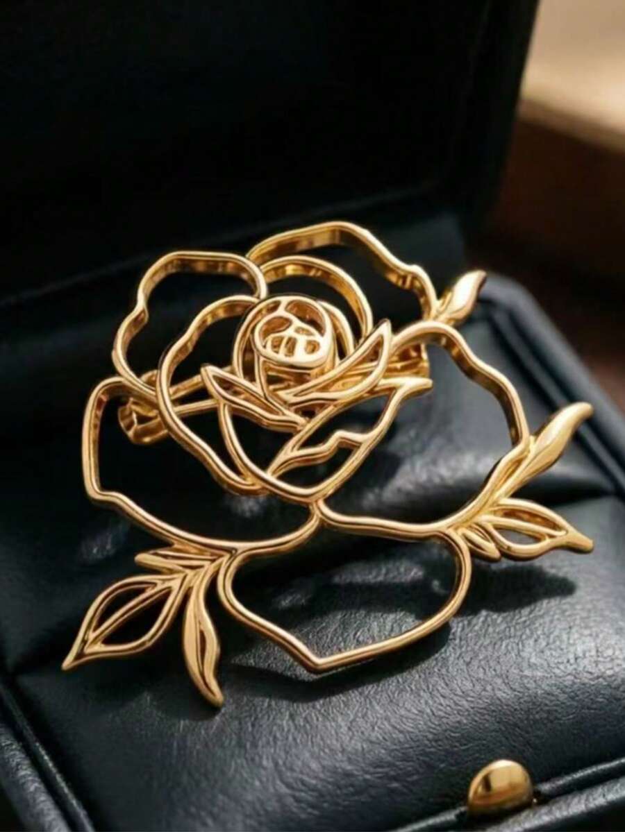 1pc Metallic Hollow Rose Brooch Pin For Women, Simple Daily Clothing Accessory, Gift For Friends And Mother's Day