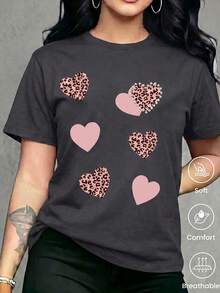 Women's Casual Black Short-Sleeved T-Shirt With Pink Leopard Print Heart Appliqués And Pearl Embellishments, Regular Fit Polyester Top With Round Neck And Lightweight - 淺灰 - 查看 2