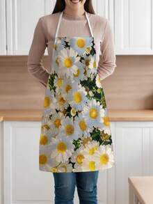 1pc, Pink Rose And Yellow Daisy Pattern Polyester Apron, Suitable For Cooking, Baking, And Gardening - Can Be Used As Attire For The Kitchen And Dining. - Multicolor - View 2