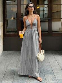 Halter Neck Striped Backless Dress Available In Multiple Colors - Black - View 2