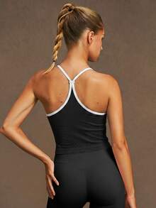 VVX Camiseta de yoga de mujer con cuello en forma de corazón, bloque de color, sin costuras, con espalda de tirantes de contraste, para entrenamiento y yoga - Negro - Ver 4