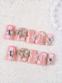 10pcs Glossy Duck-Shaped Press-On Nails, Nude Pink Acrylic Fake Nails, 3D Butterfly, Flower & Sparkling Rhinestone Decor, Sweet Girly Style, Flattering & Eye-Catching, Suitable For Daily Wear & Party, Hot-Selling Butterfly Nail Stickers Handmade Press On Nails - Pink - View 3