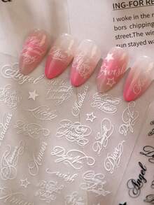 Autocollants pour ongles 5D en relief avec lettres cursives, texte noir & étoiles, décalcomanies pour ongles auto-adhésives, esthétique gothique décadente et cool, décoration DIY pour ongles, convient pour salon de manucure à domicile, accessoires pour ongles artificiels, 1 feuille - Noir et Blanc - Voir 6