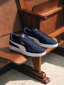 Puma 中性款新 Smash 3.0 扣帶運動鞋，低筒輕量舒適休閒鞋，392336-03 - 海軍藍-彪馬白-金色 - 查看 2