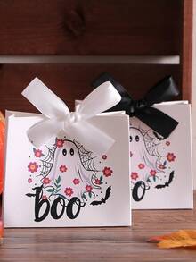 Halloween Paper Gift Box, White Cartoon Ghost & Flower Pattern Gift Packaging Box, Black & Pink Ribbon Decoration, Boo Theme, Special Packaging For Ghost Festival Party & Celebration Events - View 3