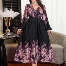 YijiaNvz  Vestido elegante negro de talla grande con estampado floral elegante y romántico para vacaciones - Morado - Ver 5