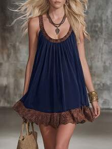 Leopard Print Ruffle Hem Mini Chiffon Dress, Patchwork Applique, Vacation Beach Style Elegant Summer - Royal Blue - View 1