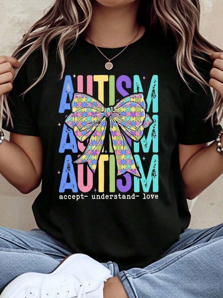 Autism Awareness T-Shirt With Colorful Ribbon And Puzzle Pattern, Message Of Acceptance, Understanding And Love For Autism Support And Pride - Black - View 1