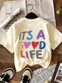 Tween Girls' Casual Funny Print Crew Neck Short Sleeve T-Shirt, Summer Top - Apricot - View 2