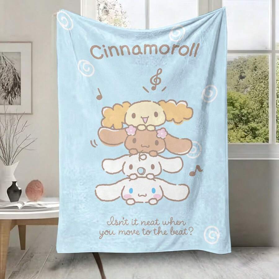 Sanrio Cinnamoroll Flanell-Wohndecke, weiche gemütliche Plüsch-Fleece-Decke mit Cinnamoroll & Friends Stapel-Muster und Musiknoten, hellblauer Hintergrund geeignet für Sofa, Bett, Wohnzimmer, Schlafzimmer, Büro, Reisen, alle Jahreszeiten - Farbe 1 - Übersicht 1