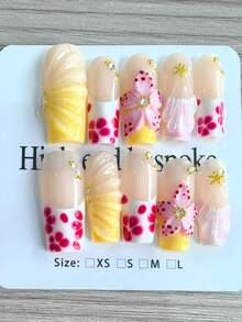 10 Peças Unhas Postiças Francesas Médias Feitas à Mão | Vibe Fofa de Oceano de Verão | Pontas de Unhas com Flor de Concha 3D & Strass | Para Raparigas em Férias na Praia & Uso Diário de Verão - Rosa Avermelhado - View 1