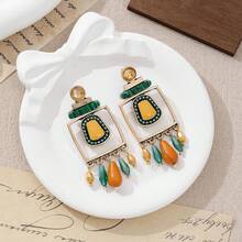 1 Pair Vintage Casual Distressed Metal Craft Enamel With Synthetic Turquoise Handmade Earrings, Suitable For Women's Daily Wear, Vacation And Gift, Handmade, Shape And Color May Vary, Pattern And Color Position Random - Turmeric + Peacock Green - View 6
