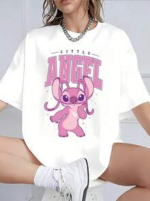 Disney Lilo & Stitch Angel Women's T-Shirt - Short-Sleeved Tee, Lightweight Cartoon Design For Spring And Summer, Made Of Pure Cotton, Machine Washable, Full Of Fun, Exclusive For Fashionistas, Officially Licensed Clothing. - trắng - Xem 1