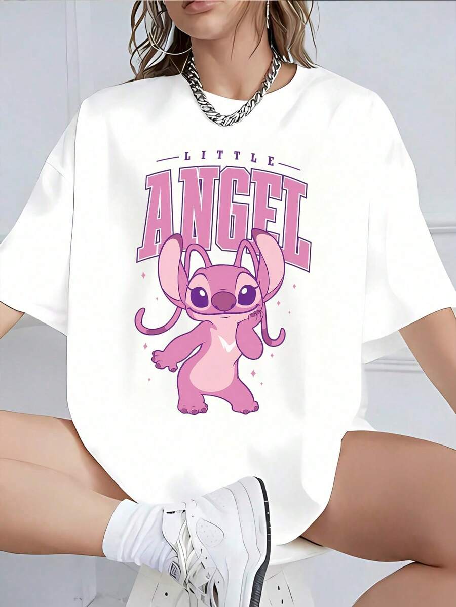 Disney Lilo & Stitch Angel Women's T-Shirt - Short-Sleeved Tee, Lightweight Cartoon Design For Spring And Summer, Made Of Pure Cotton, Machine Washable, Full Of Fun, Exclusive For Fashionistas, Officially Licensed Clothing. - trắng - Xem 1