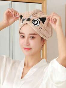 1件可愛卡通女用柔軟吸水刺繡乾髮帽浴巾 - 摩卡棕 - 查看 1