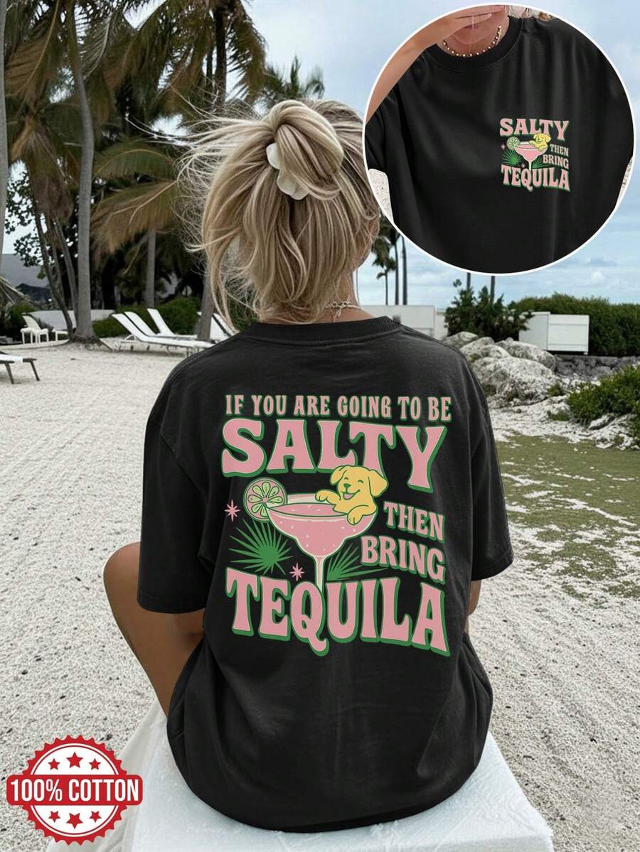 Minimalist. 100% Cotton. 1paPlus Size - [Front And Back Double-Sided Print] Plus Size Women's Spring/Summer Clothing, Oversized T-Shirt, Vintage Margarita And Dog "If You Are" Print, Fashionable Short-Sleeved Casual Tops For Women Sizes XL-5XL. Spring/Summer Tops - 黑色 - 查看 1