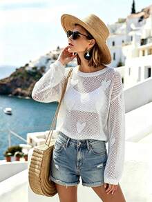 White Heart Jacquard Mesh Knit Hollow Out Long Sleeve Sun Protection Cover-Up Top, Summer Beach Vacation Casual Cover Up For Women - White - View 3