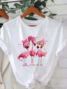 [Women's Flamingo T-Shirt] Women's Casual Graphic Print T-Shirt - Soft Polyester Blend, Flamingo Trio Design, Short Sleeve, Black With Pink Flamingos, Perfect For Spring And Summer. Recommended By Many People. Fashionable And Best-Selling Items. Wardrobe Essentials. EUMM - 白色 - 查看 1