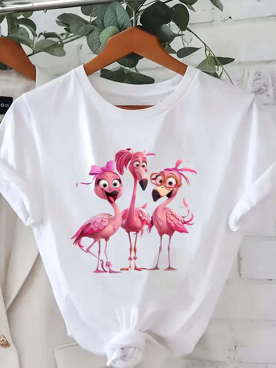 [Women's Flamingo T-Shirt] Women's Casual Graphic Print T-Shirt - Soft Polyester Blend, Flamingo Trio Design, Short Sleeve, Black With Pink Flamingos, Perfect For Spring And Summer. Recommended By Many People. Fashionable And Best-Selling Items. Wardrobe Essentials. EUMM - 白色 - 查看 1