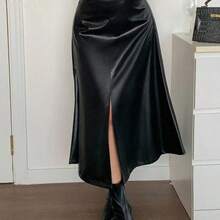 MewMuse.  Falda larga elegante de cintura alta con abertura en A, falda de mujer de cuero sintético para invierno - Café integral - Ver 7
