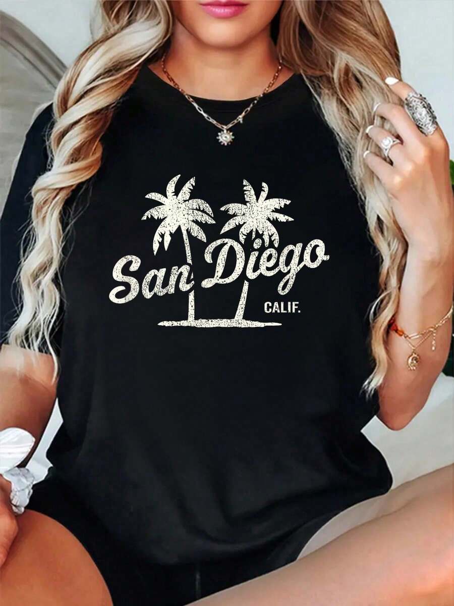 100% Cotton San Diego California Palm Trees Beach Vintage Retro T-Shirt - 黑色3 - 查看 1
