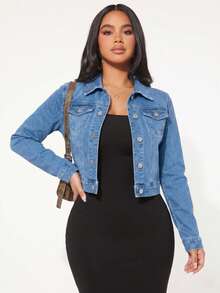 Chaqueta Clásica de Tela de Mezclilla para Mujer con Botones Metálicos y Bolsillos Frontales, Prenda Versátil de Corte Ajustado y Costuras Reforzadas para un Estilo Casual y Moderno - Azul Medio H3NZY01 - Ver 5