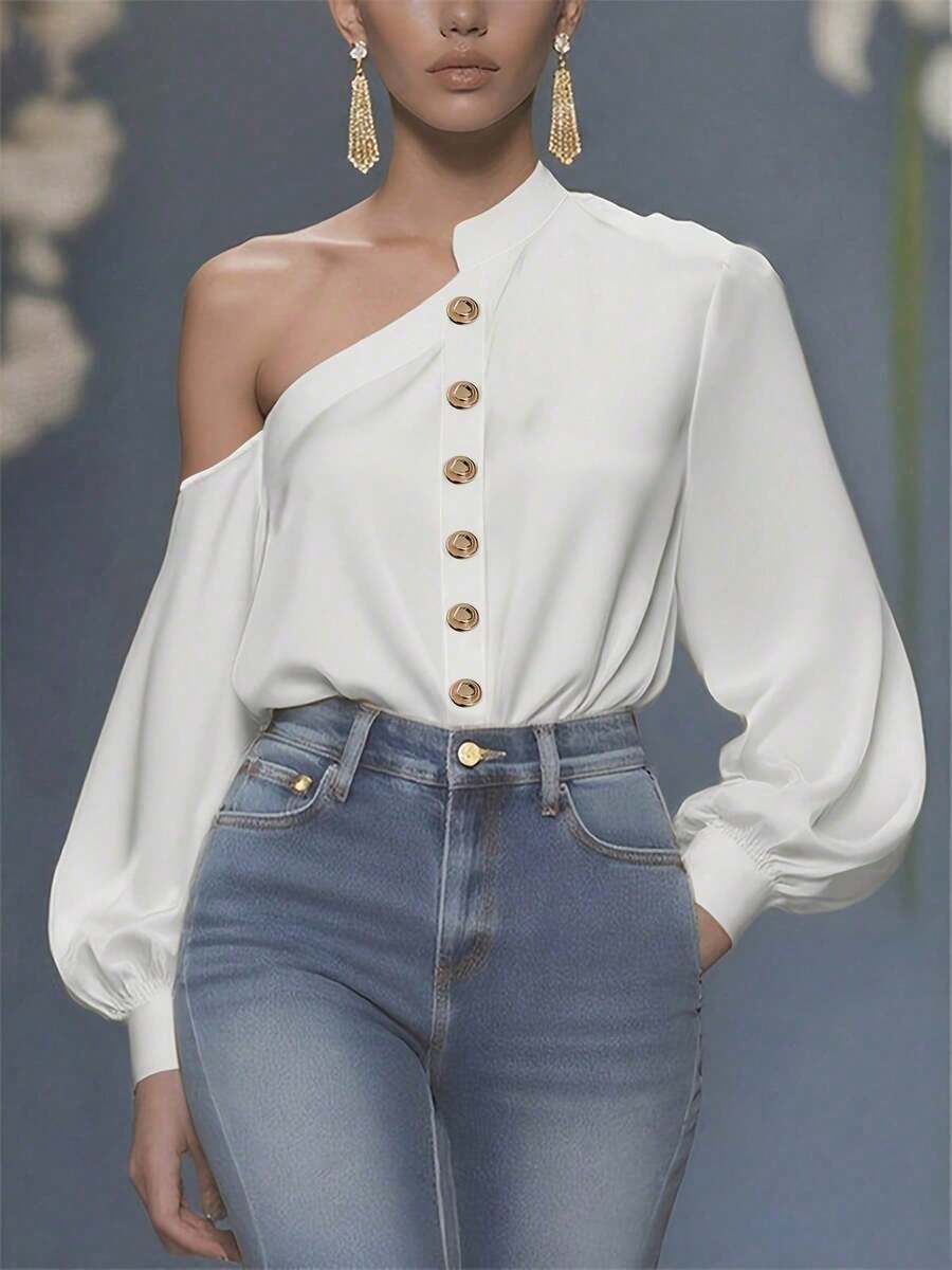 Blusa de mujer elegante de manga larga con un hombro, con botones dorados, de tela tejida, color blanco, para primavera - Blanco - Ver 1