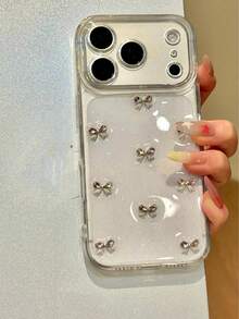 樹脂3D珍珠心形16E/15手機殼，透明硬殼兼容Apple 14/13 Pro Max，優雅銀色獨特韓風女款 - 無色 - 查看 2