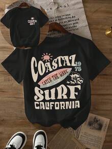 Minimaliste.100%Cotton.1paPlus Size, Women's Plus Size "Catch The Wave" Tee - Oversized Lettering Graphic Print Round Neck Short Sleeve Top, Casual Summer Beachwear & Casual Attire, Comfortable For Surfing, Picnics, Errands.Spring Summer Top - 黑色 - 查看 2