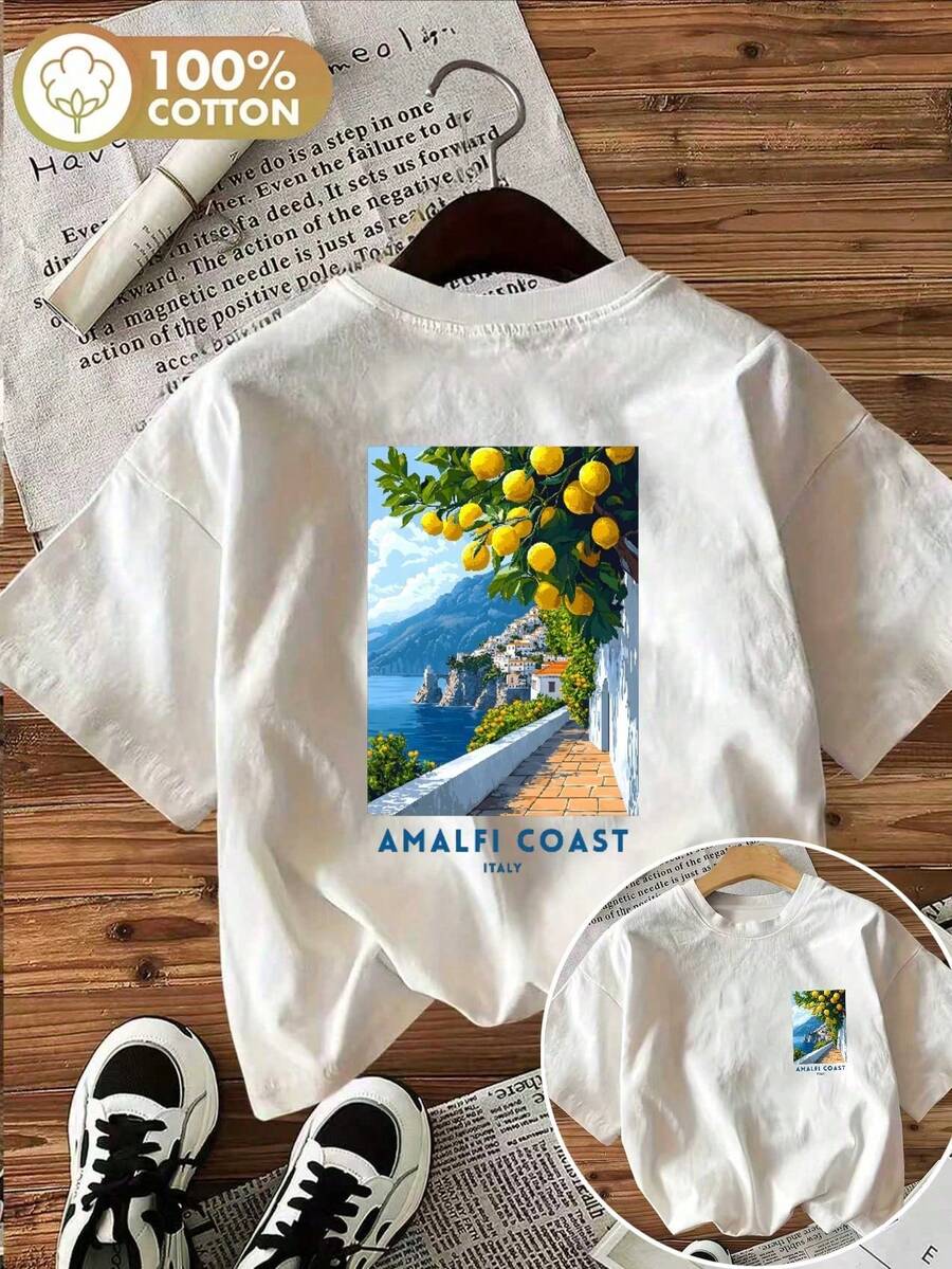 Vintage Women's Amalfi Lemon Graphic Tee, Oversized Cotton T-Shirt, Mediterranean Style Print Top, Y2K Casual Streetwear Summer Shirt - 白色 - 查看 1