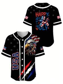 Women's Baseball Uniform Independence Day Eagle And American Flag Print Happy 4th Of July Celebration Team Jersey For Patriotic Events And National Holidays - 黑色 - 查看 1