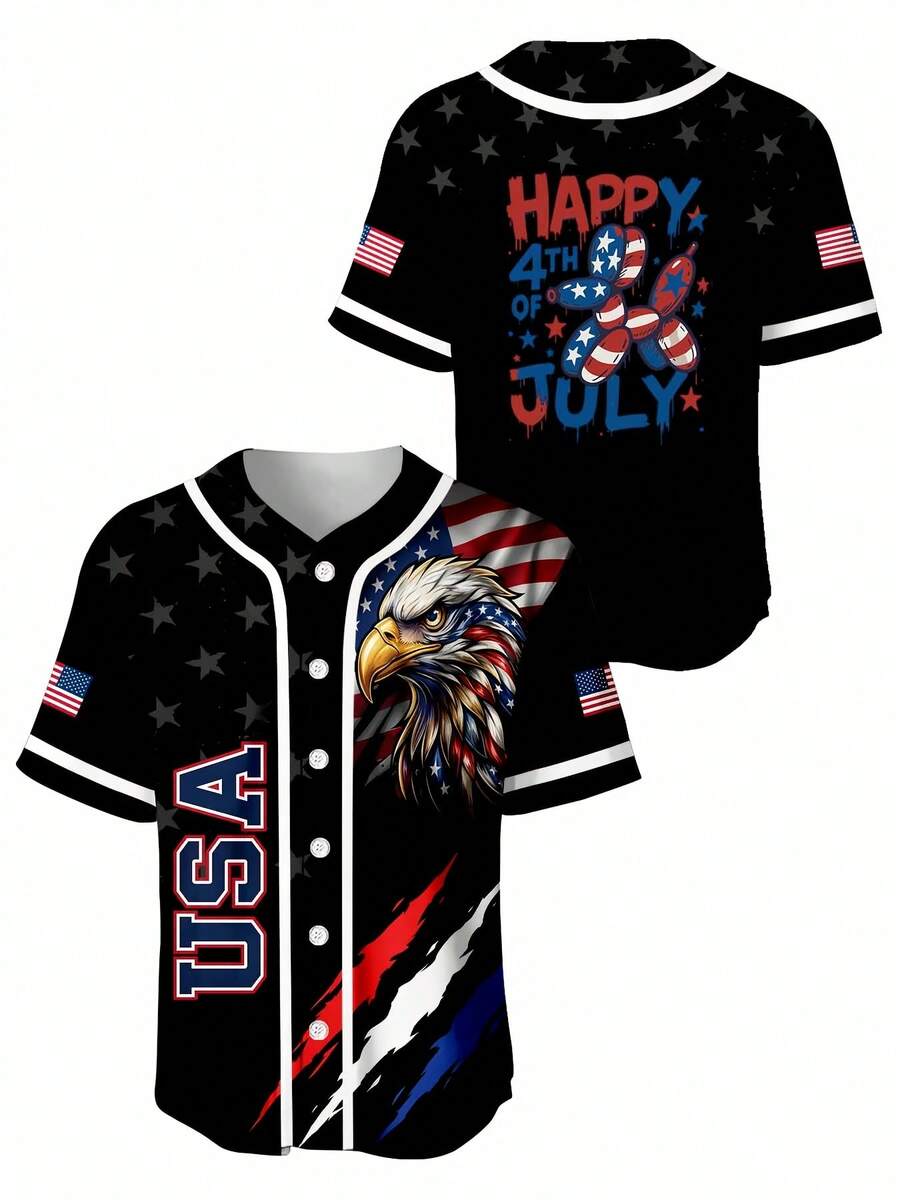 Women's Baseball Uniform Independence Day Eagle And American Flag Print Happy 4th Of July Celebration Team Jersey For Patriotic Events And National Holidays - 黑色 - 查看 1