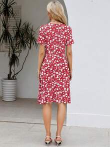 Womens Summer Dresses For Women 2026 Spring Floral Sundress Short Sleeve V Neck Wrap Dress With Pockets Festival Outfits Elegant Dress For Women Dress For Women - 05 酒紅色花香 - 查看 2