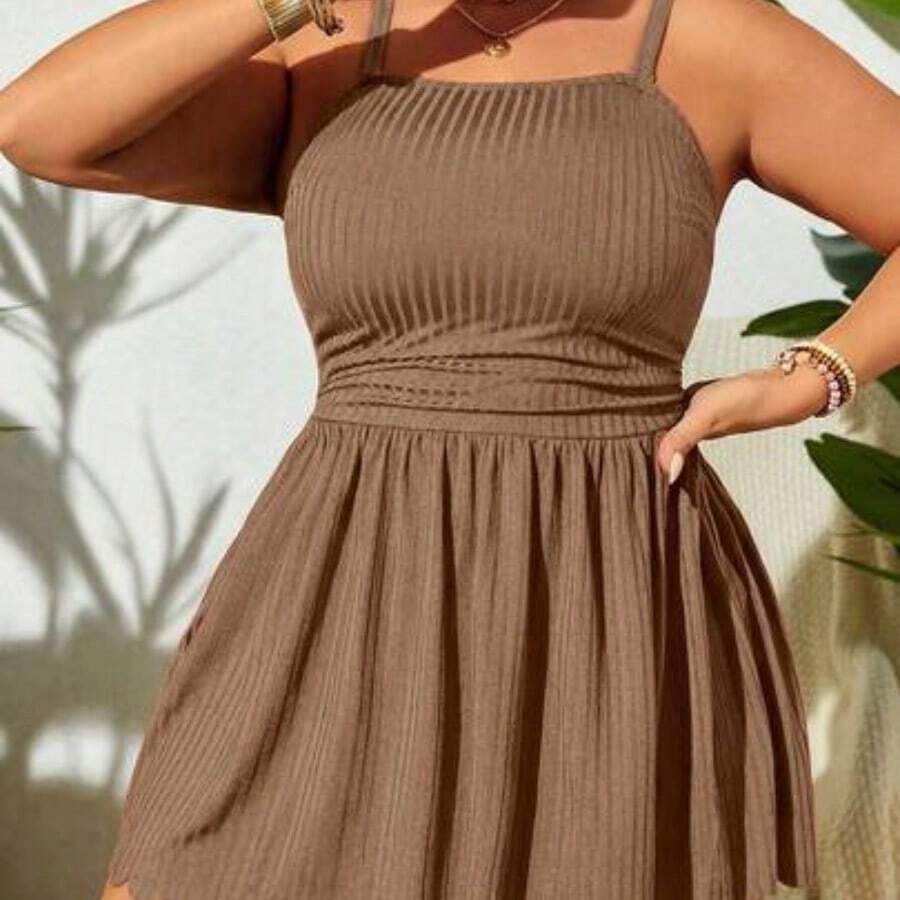 guangzhougaolangshangmao Swim Lushoire Vestido de baño de talla grande con tirantes finos sólido de verano con dobladillo de concha y bikini inferior, adecuado para usar en la piscina - Caqui - Ver 1