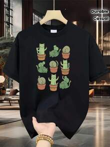 Camiseta de Algodón para Hombre Cactus, con Estampado de Gato Verde y Planta Suculenta, de Alta Calidad, Algodón, Duradera, Casual y a - Negro - Ver 2