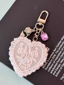 1pc Coquette Ballet Style Lace Bow Heart Pocket Mirror Keychain Cute Ribbon Flower Bag Charm Car Key Ring Girls Gift - Multicolor - View 6