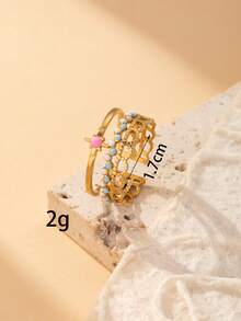 1pc Dopamine Macaron Glazed Stainless Steel Open Ring, Sweet Heart & Flower Design, Stackable Metal Ring, Girly Style Accessory, Adjustable Size - Yellow Gold - View 14