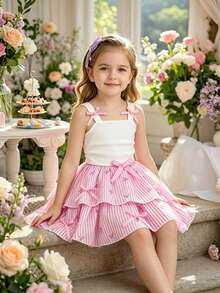 Toddler Girls' White Bow Strap Dress Set, Solid Color Minimalist Strap Top + Elastic Waist Striped Layered Skirt 2Pcs Set, Sweet Style For Summer Holiday & Daily Wear - Pink - View 2