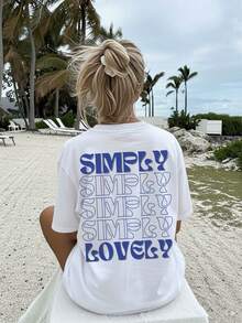 Front And Back Double Side Print, Pure Oversized T-Shirt, Vintage Style, Artistic Character, "Simply Lovely" Repetitive Print, Women's Clothing - 白色 - 查看 3