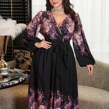 YijiaNvz  Vestido elegante negro de talla grande con estampado floral elegante y romántico para vacaciones - Morado - Ver 7