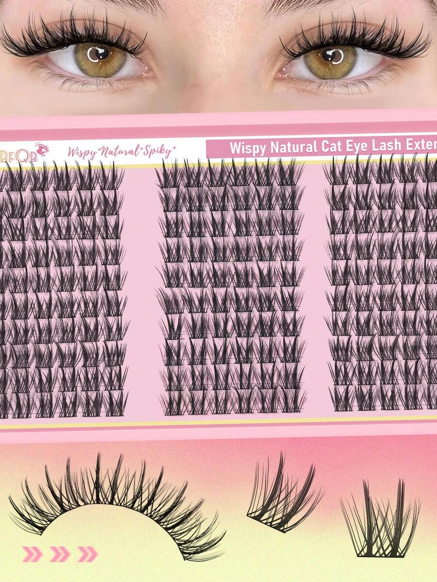 180PCS/132PCS/150PCS Wispy Natural Cat Eye Cluster Eyelashes, Spiky Individual Lash Extensions, Fluffy Volume DIY Segmented Lashes, Reusable Soft Faux Mink Lash Clusters For Daily Eye Makeup - 查看 1