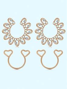 2Pairs/Set Sexy Fake Nipple Piercings - 316L Stainless Steel CZ And Double Heart Fake Nipple Ring Non Piercing Adjustable Clamp Nipple Rings For Women Body Jewelry Set Daily Wear Party And Valentine Festival - Multicolor - View 8